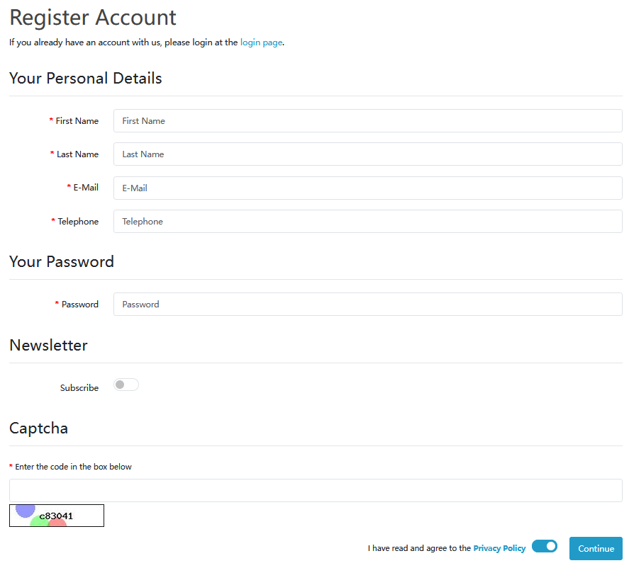 Account registration page